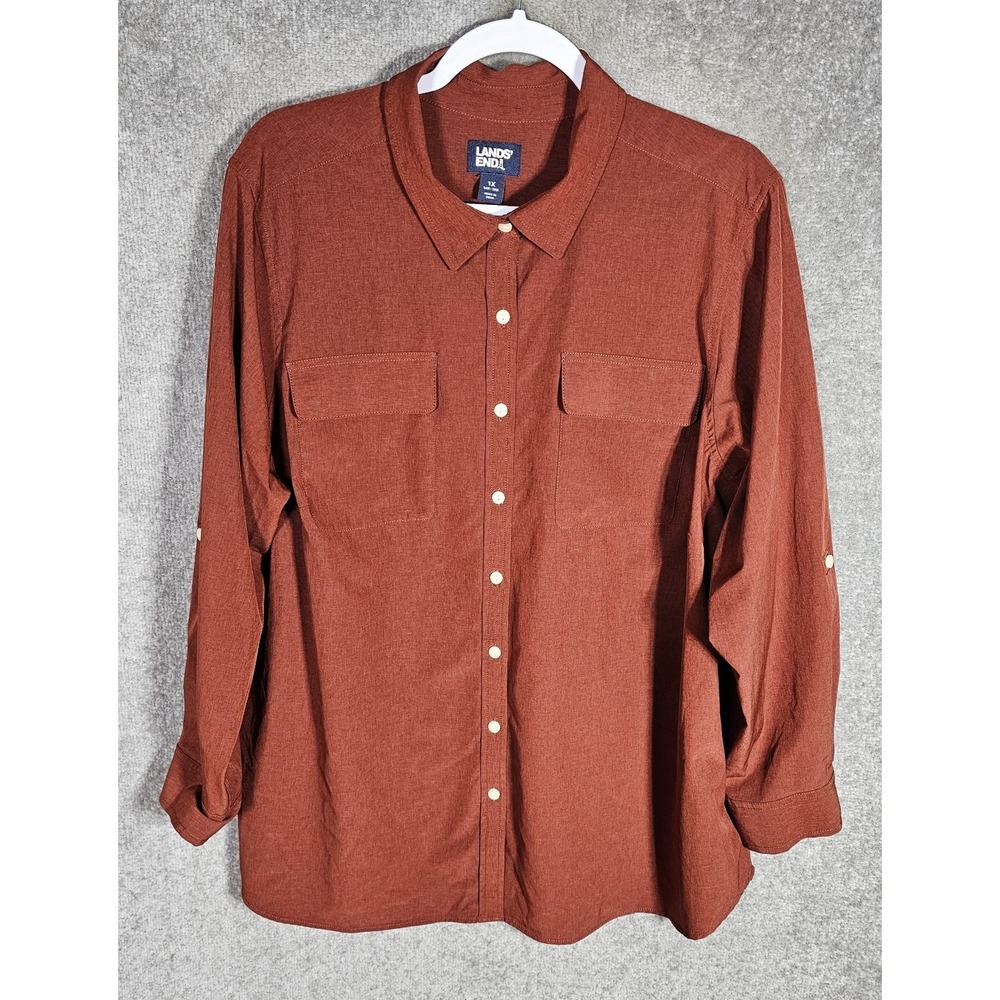 Lands End 365 Button Front Roll‎ Tab Tunic Top Womens Size 1X 16W-18W Brick Red